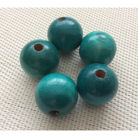 5 Perles rondes en bois turquoises