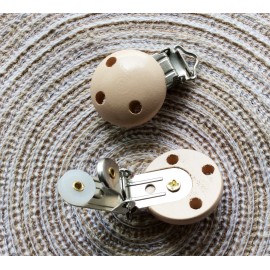 Attache tétine pince clip en bois beige